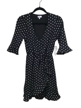 Q & a Womens B/w Polka Dot Surplice Office Wrap Dress